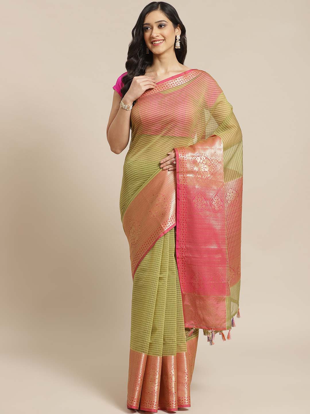 Indethnic Banarasi Lime Green Checked Daily Wear Saree - View 1