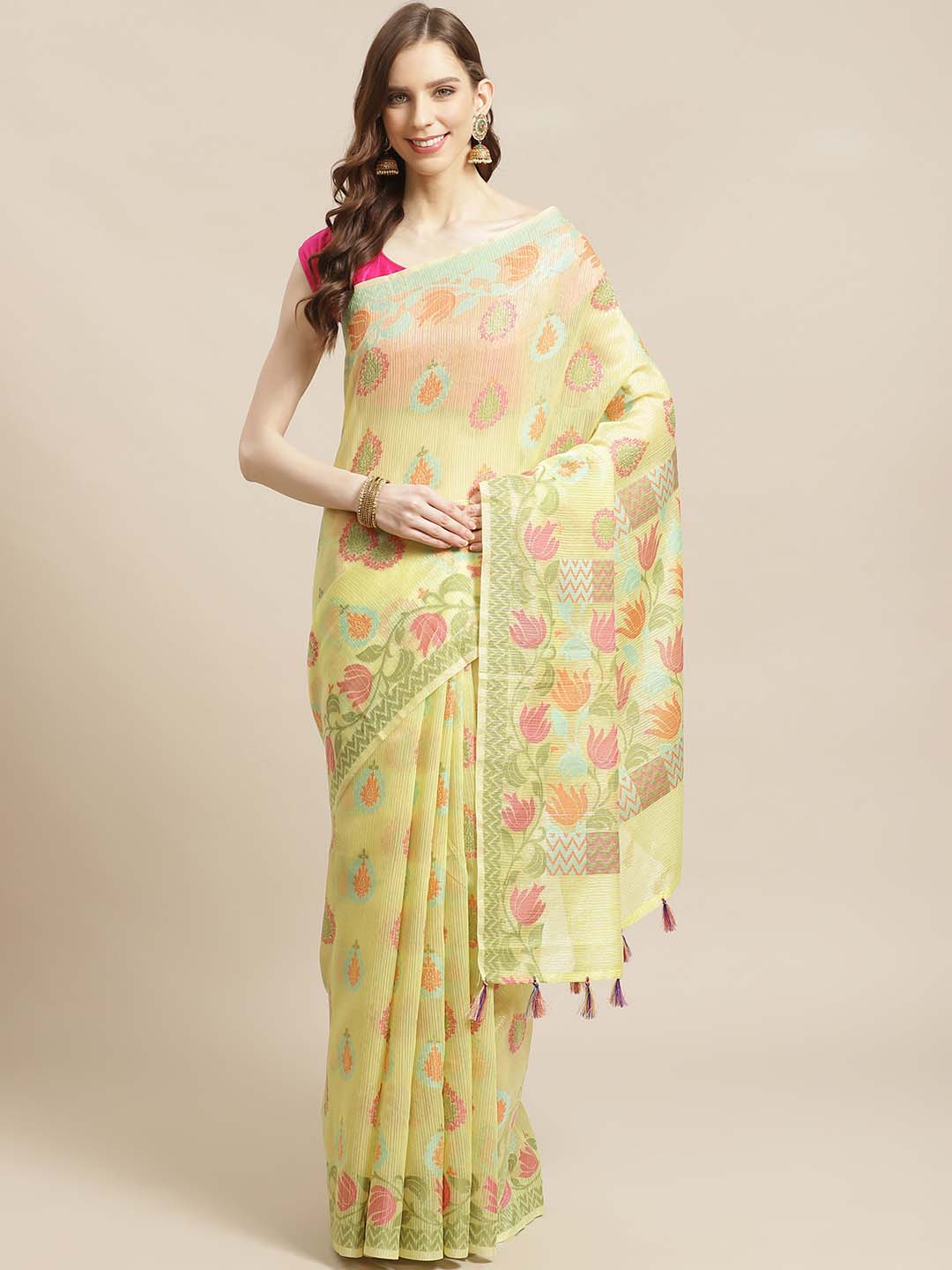 Indethnic Banarasi Lime Green Woven Design Party Wear Saree - View 1