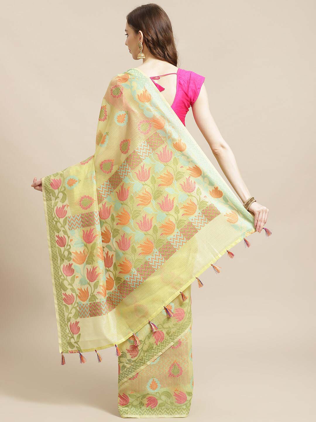 Indethnic Banarasi Lime Green Woven Design Party Wear Saree - View 1