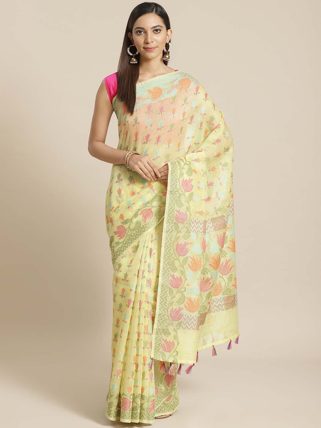 Indethnic Banarasi Lime Green Woven Design Party Wear Saree - View 1