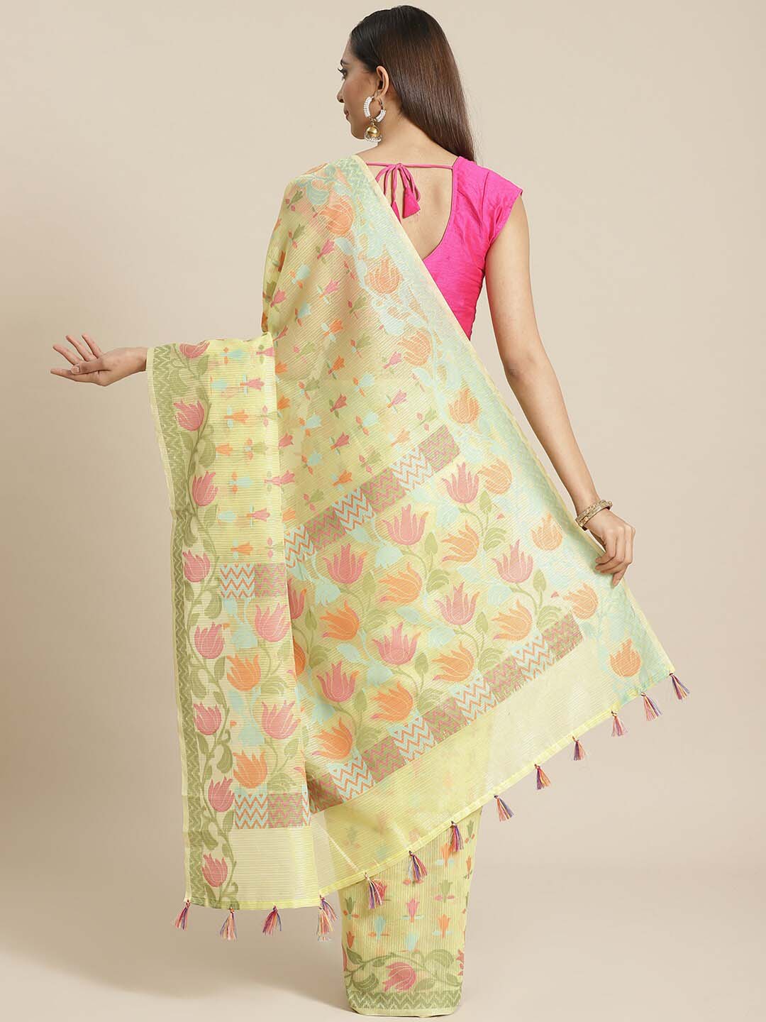 Indethnic Banarasi Lime Green Woven Design Party Wear Saree - View 2