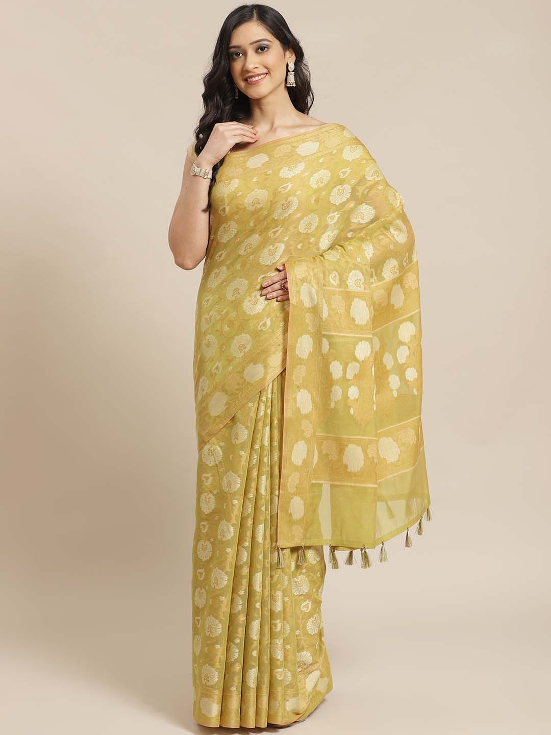 Indethnic Banarasi Lime Green Woven Design Work Wear Saree - View 1