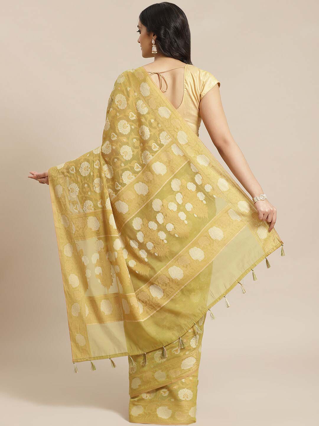 Indethnic Banarasi Lime Green Woven Design Work Wear Saree - View 2