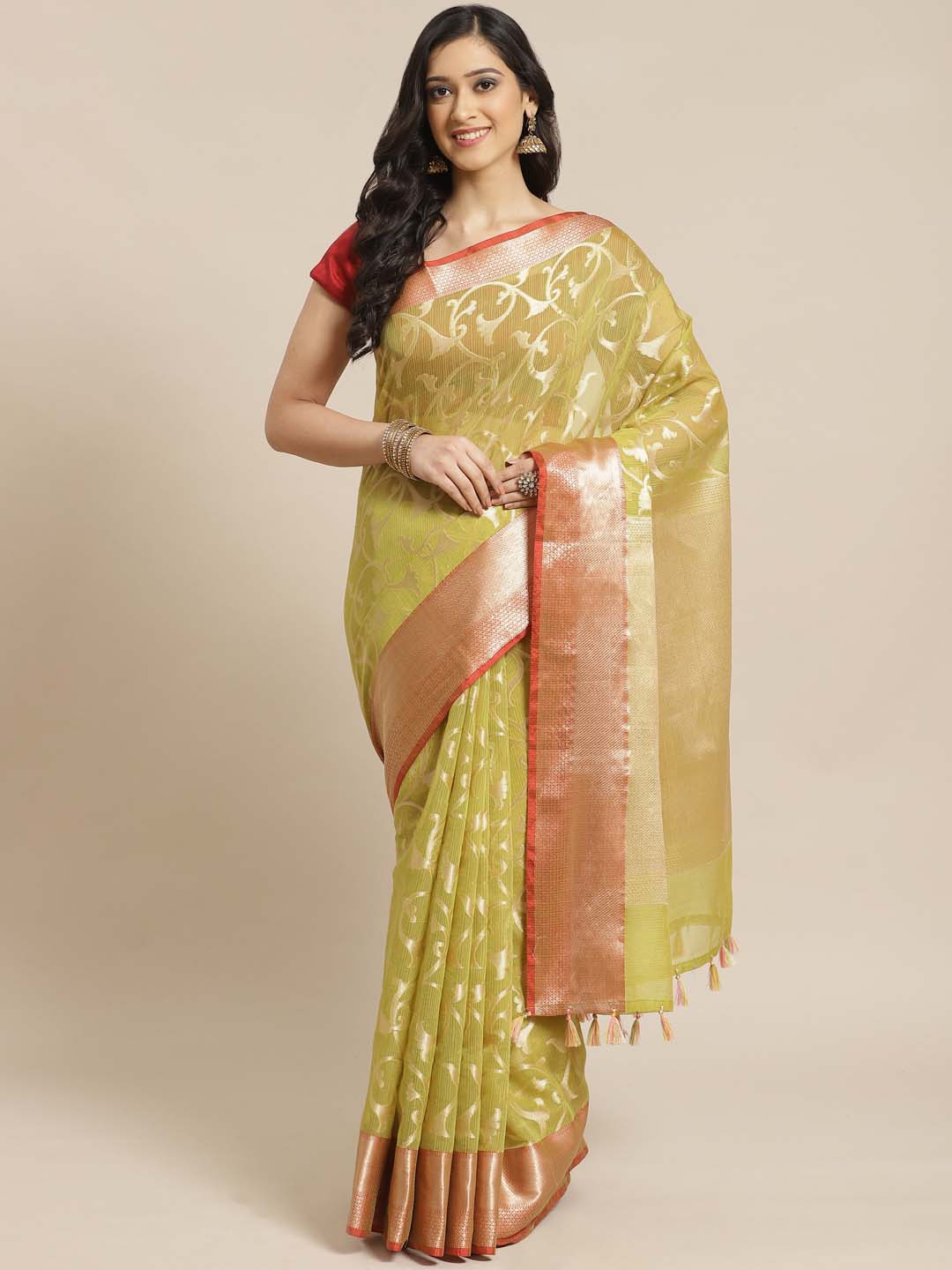 Indethnic Banarasi Lime Green Woven Design Festive Wear Saree - View 1