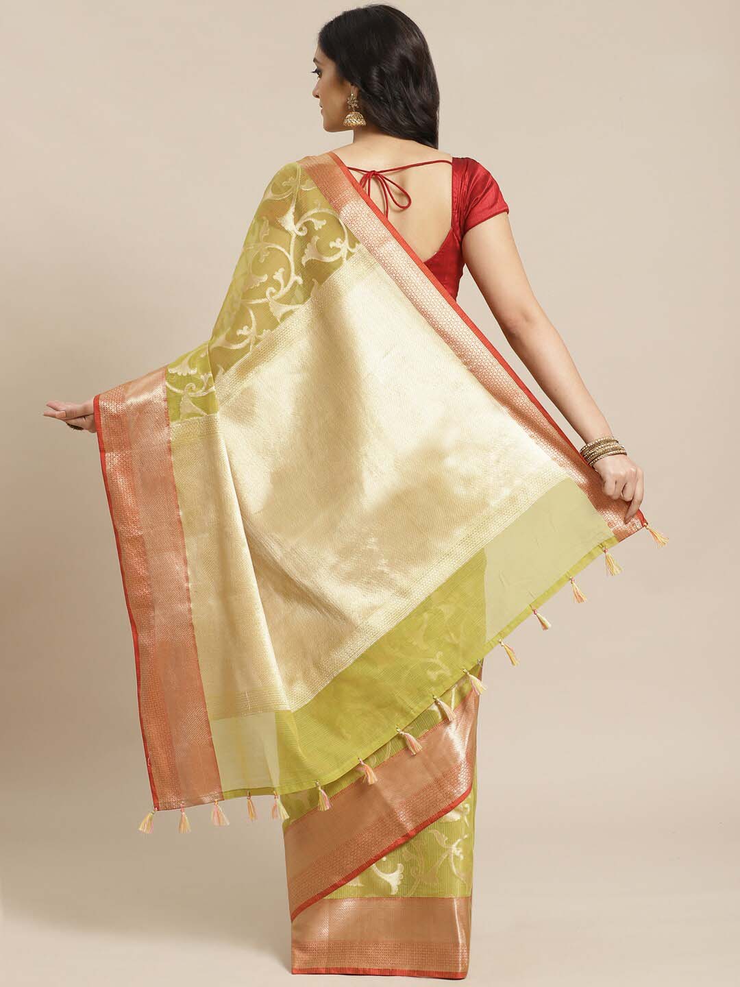Indethnic Banarasi Lime Green Woven Design Festive Wear Saree - View 2
