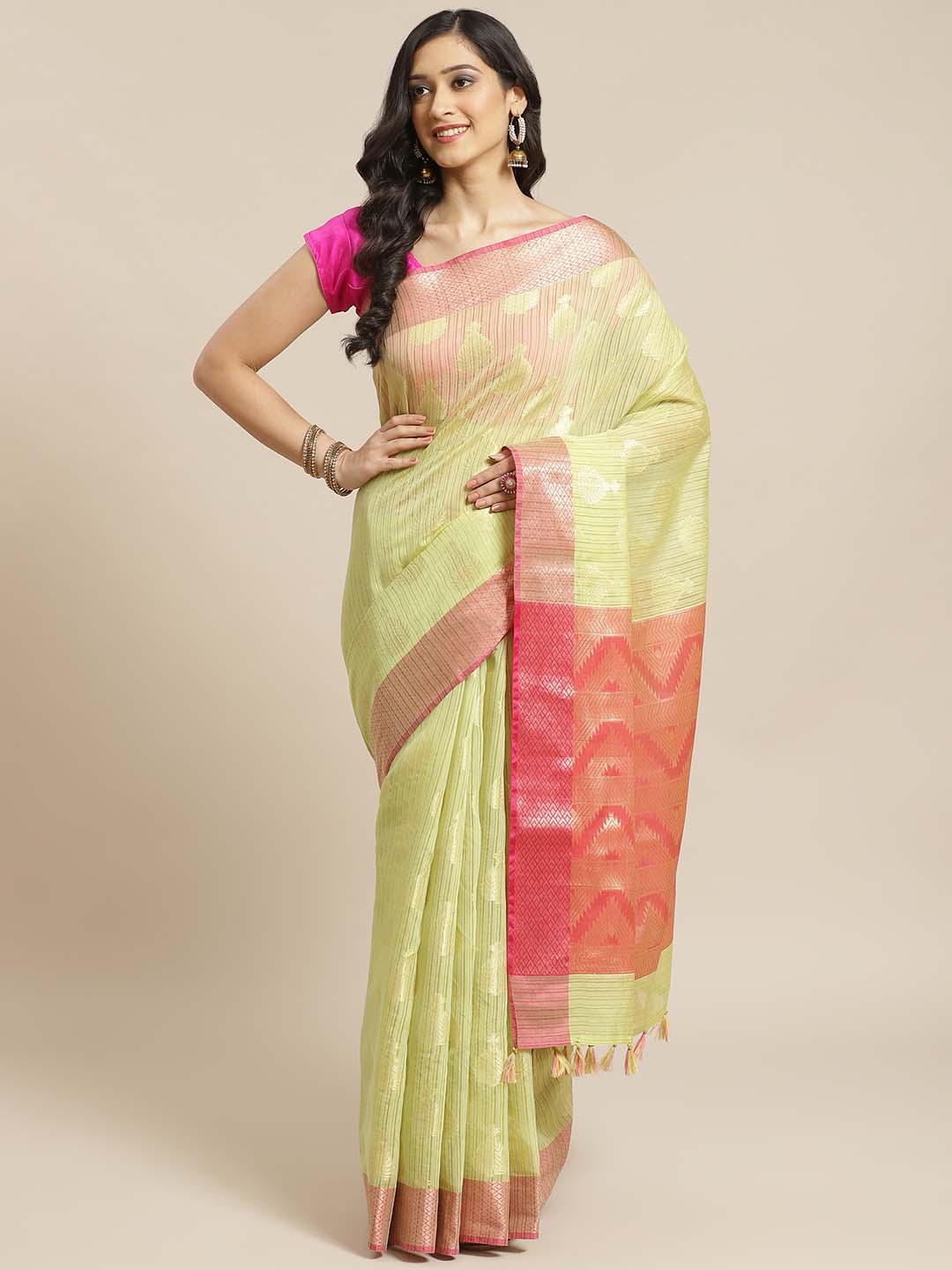 Indethnic Banarasi Lime Green Woven Design Festive Wear Saree - View 1