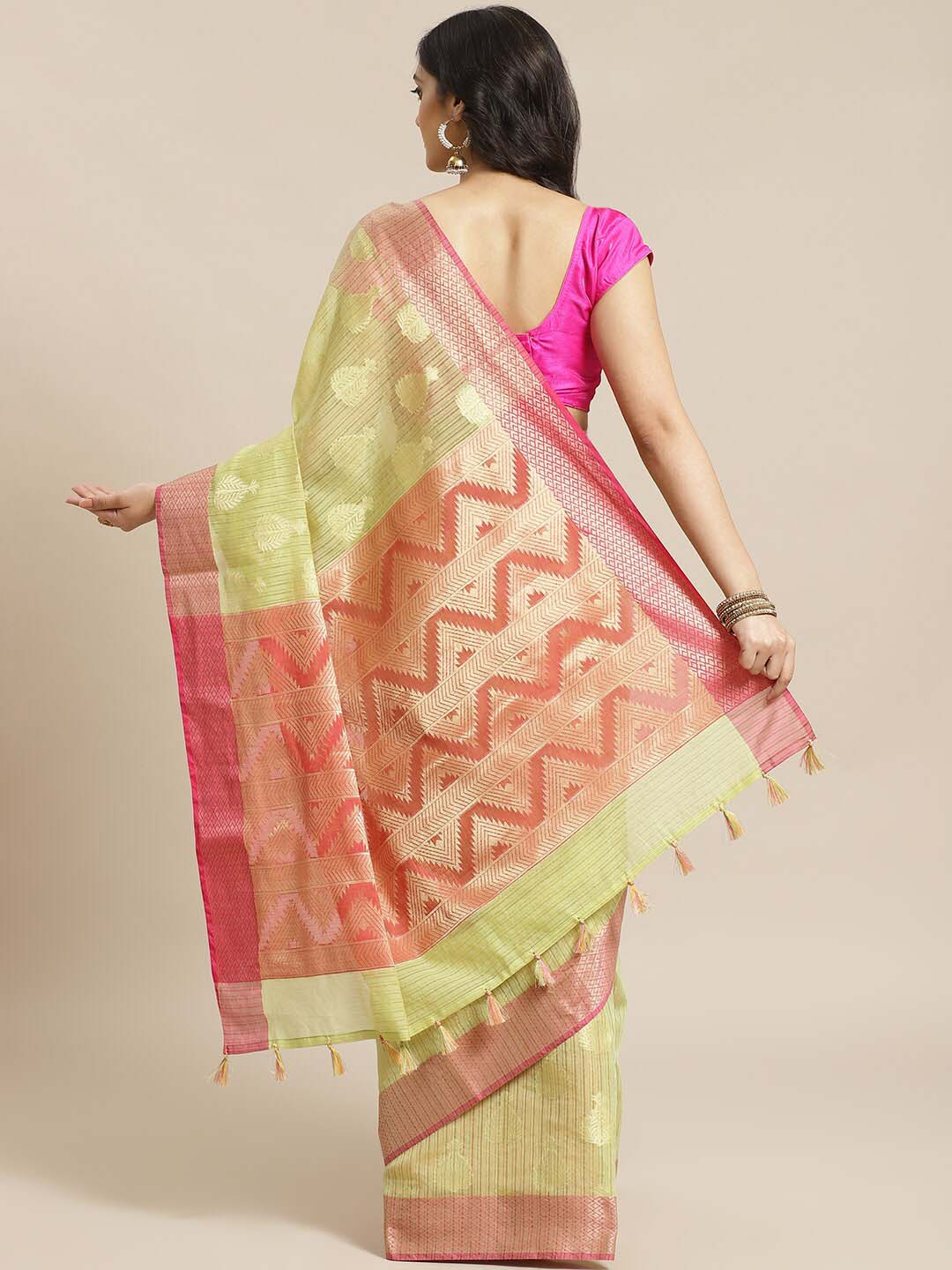 Indethnic Banarasi Lime Green Woven Design Festive Wear Saree - View 2