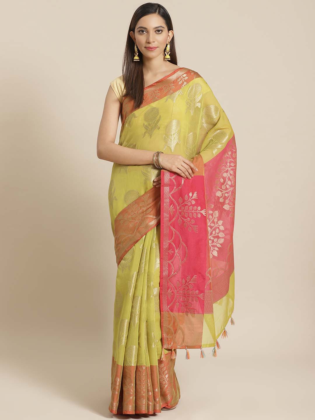 Indethnic Banarasi Lime Green Woven Design Daily Wear Saree - View 1