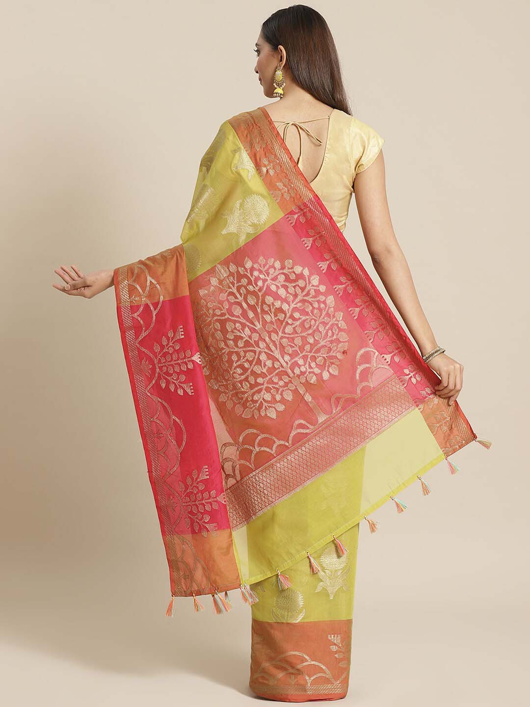 Indethnic Banarasi Lime Green Woven Design Daily Wear Saree - View 2