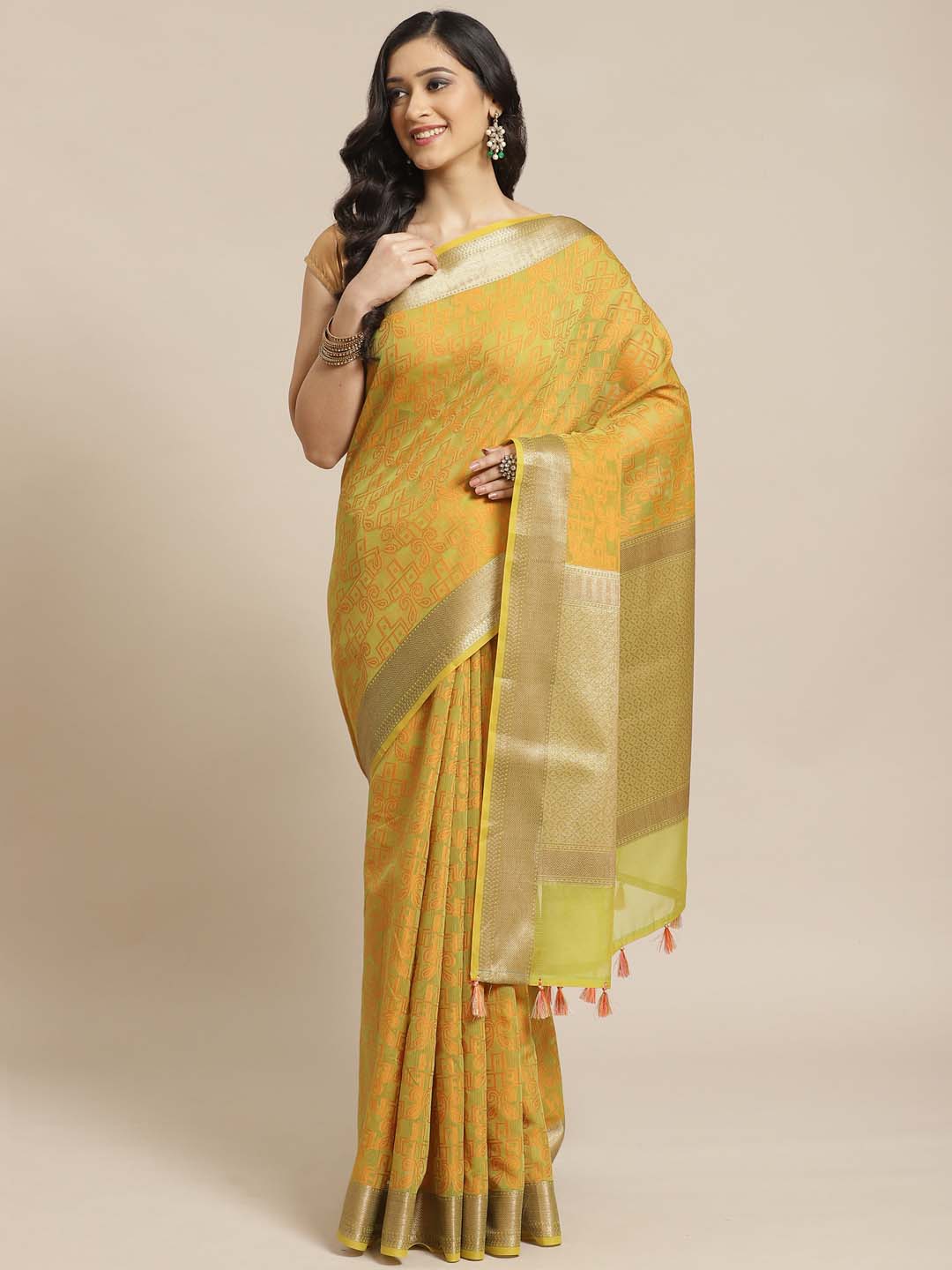 Indethnic Banarasi Lime Green Woven Design Work Wear Saree - View 1