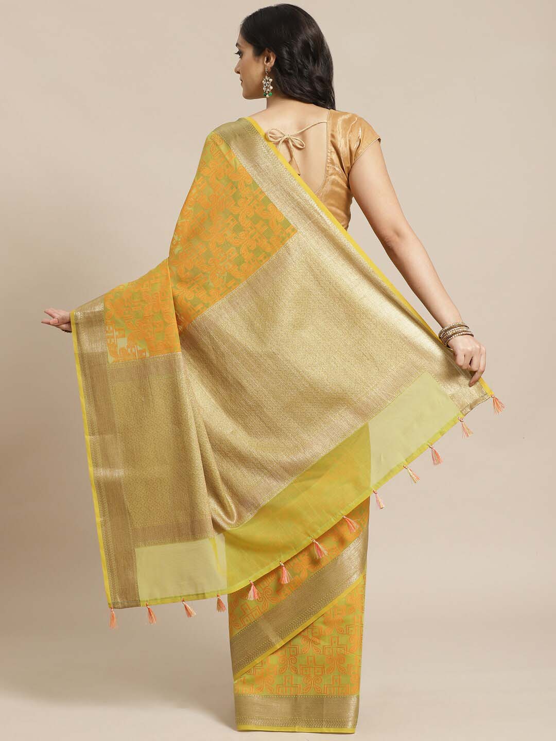Indethnic Banarasi Lime Green Woven Design Work Wear Saree - View 1
