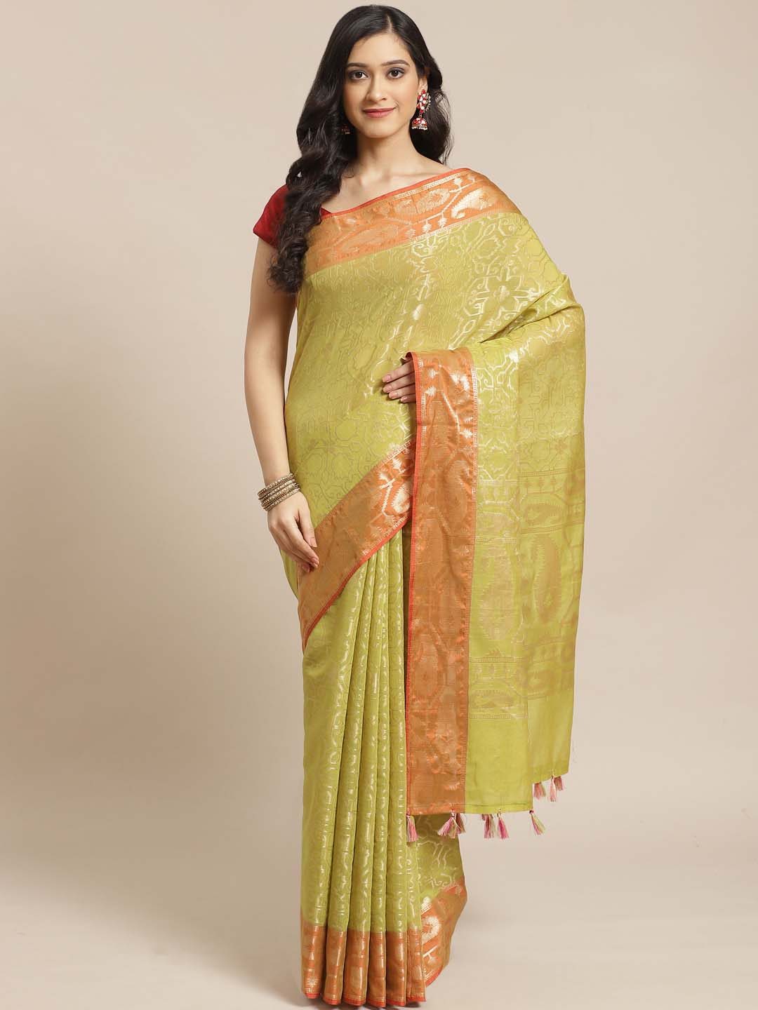 Indethnic Banarasi Lime Green Woven Design Party Wear Saree - View 1