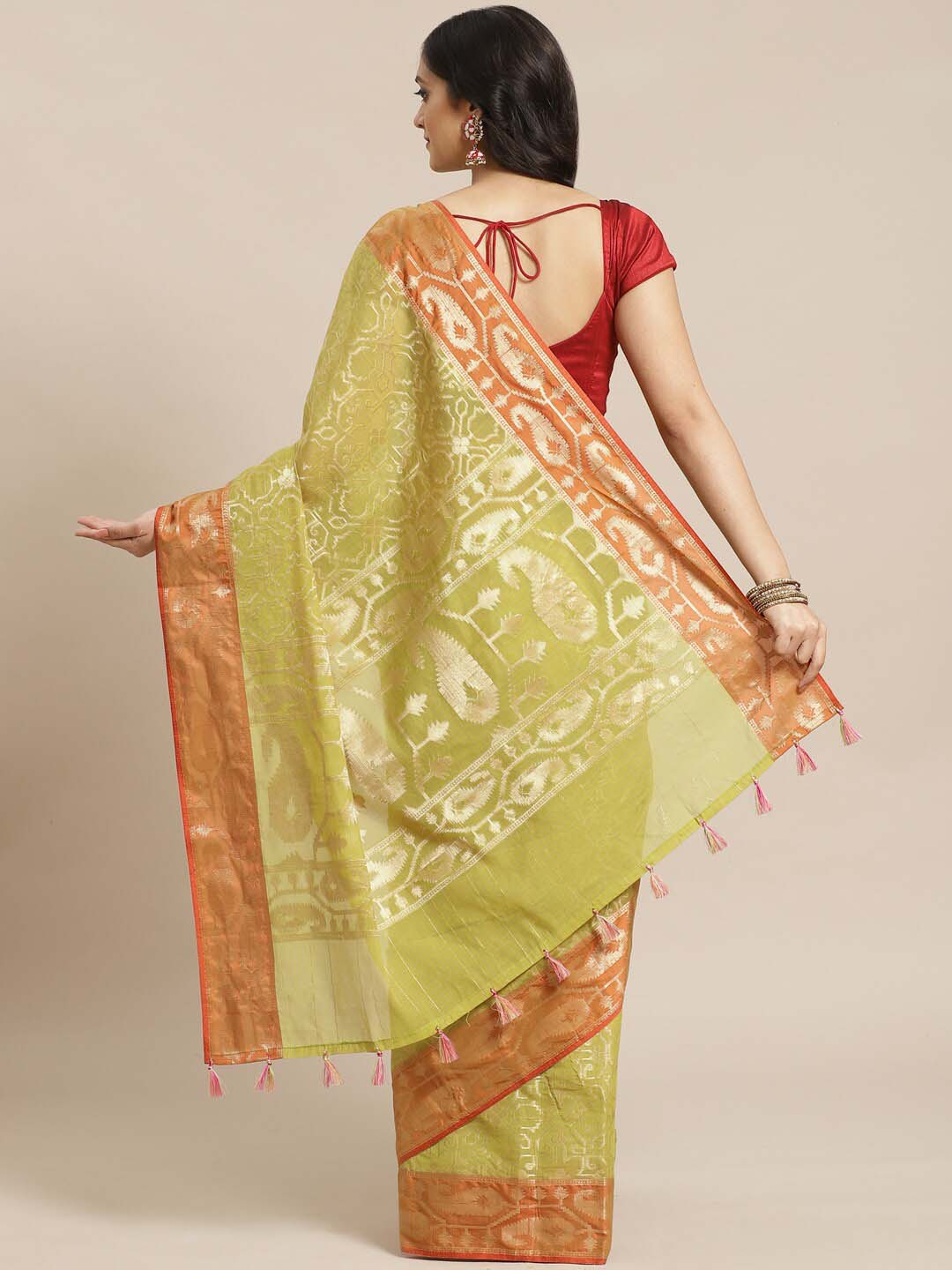 Indethnic Banarasi Lime Green Woven Design Party Wear Saree - View 2
