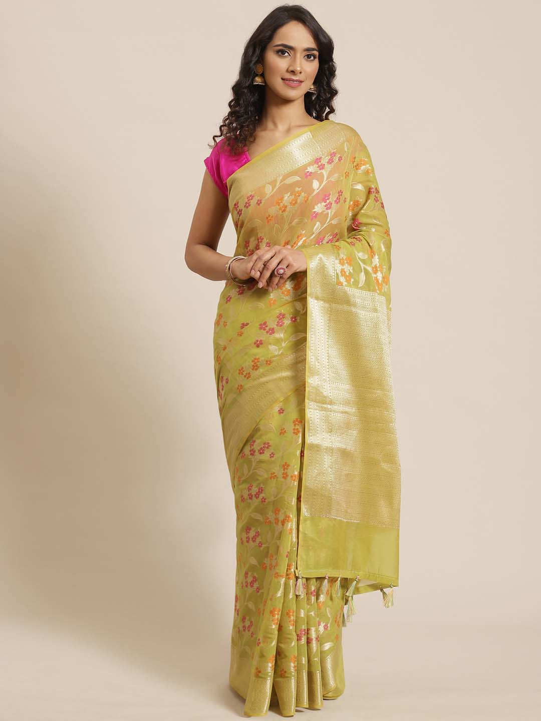 Indethnic Banarasi Lime Green Woven Design Daily Wear Saree - View 1