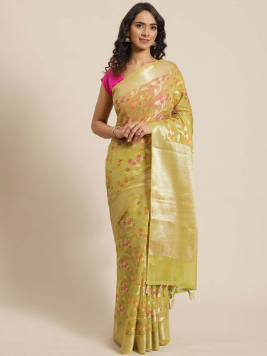 Banarasi Lime Green Woven Design Daily Wear Saree