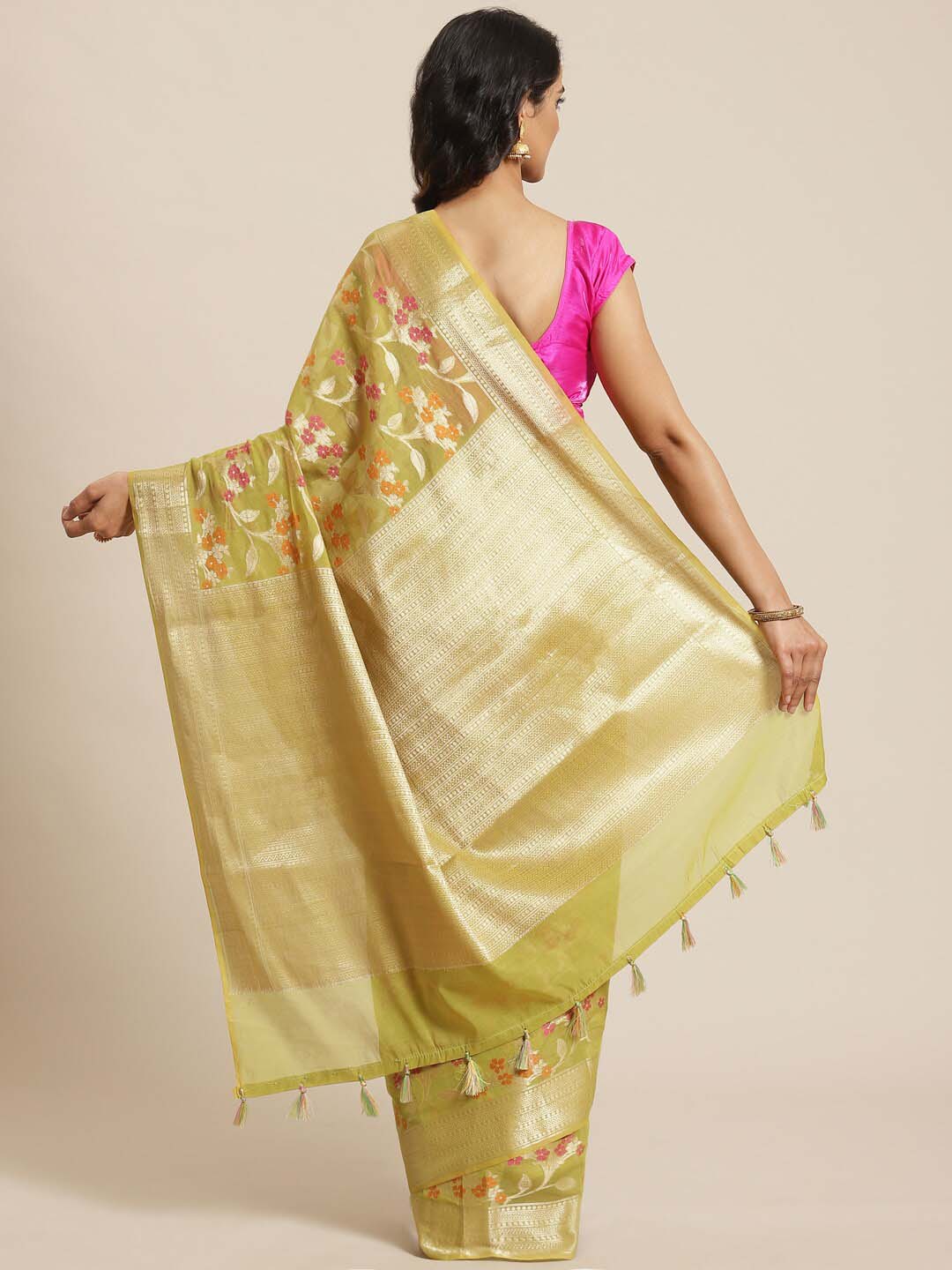 Indethnic Banarasi Lime Green Woven Design Daily Wear Saree - View 2