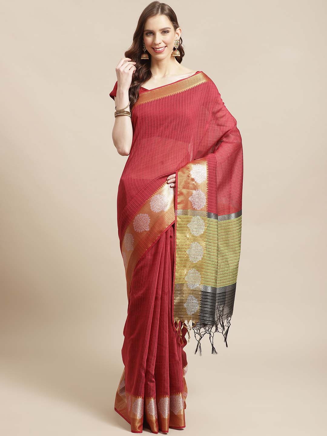 Indethnic Banarasi Maroon Checked Work Wear Saree - View 1