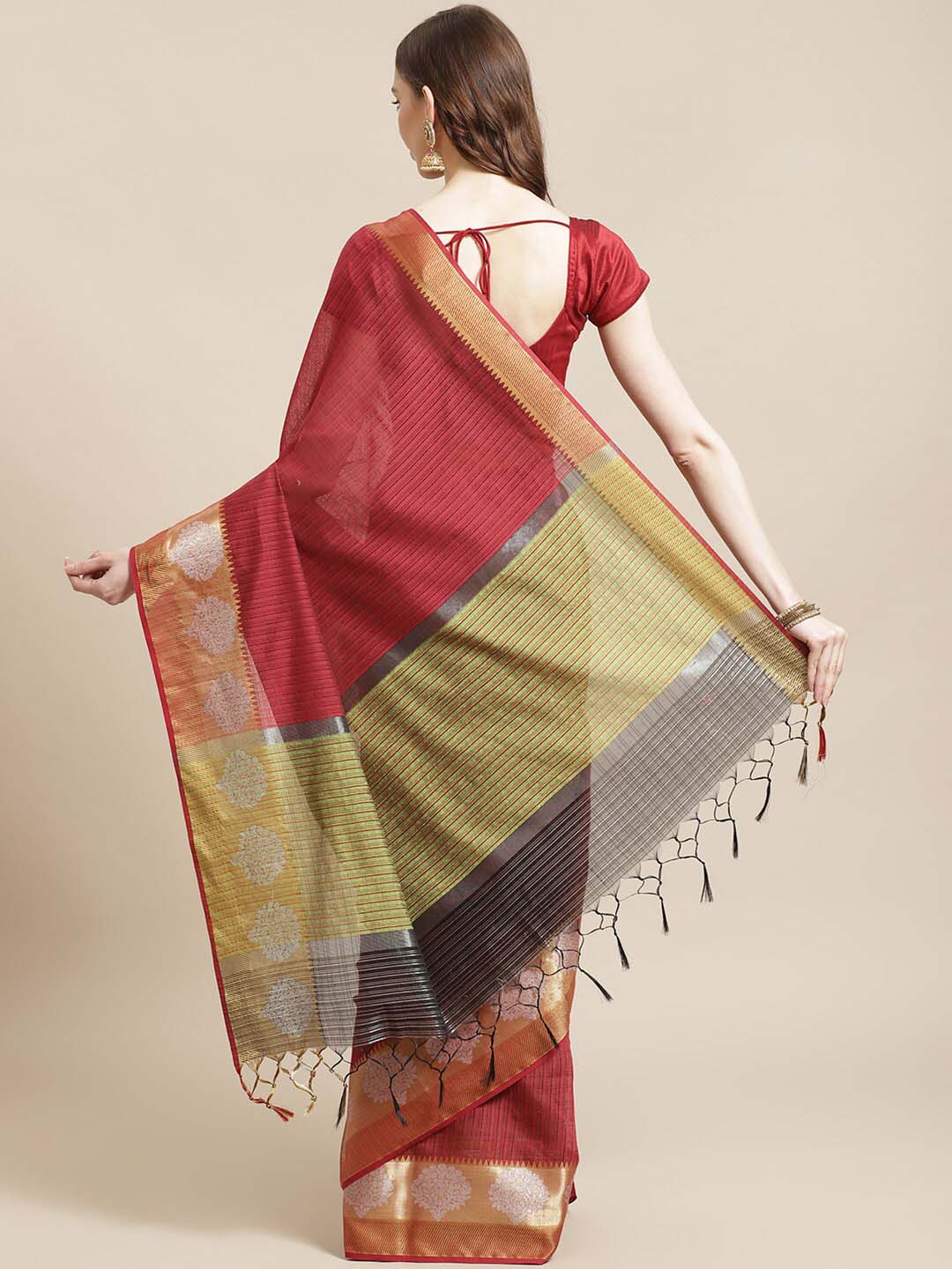 Indethnic Banarasi Maroon Checked Work Wear Saree - View 2