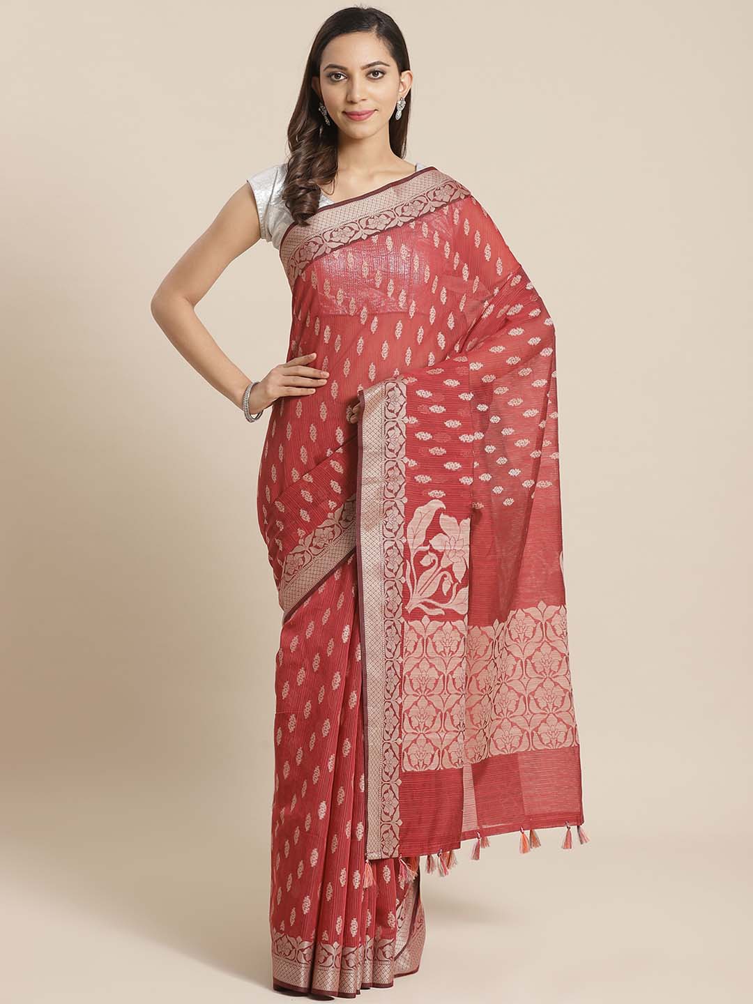 Indethnic Banarasi Maroon Woven Design Work Wear Saree - View 1