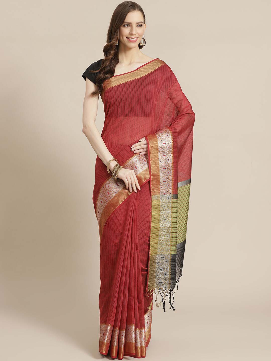 Indethnic Banarasi Maroon Woven Design Work Wear Saree - View 1