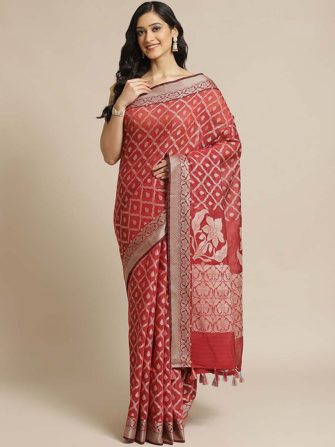 Indethnic Banarasi Maroon Woven Design Work Wear Saree - View 1