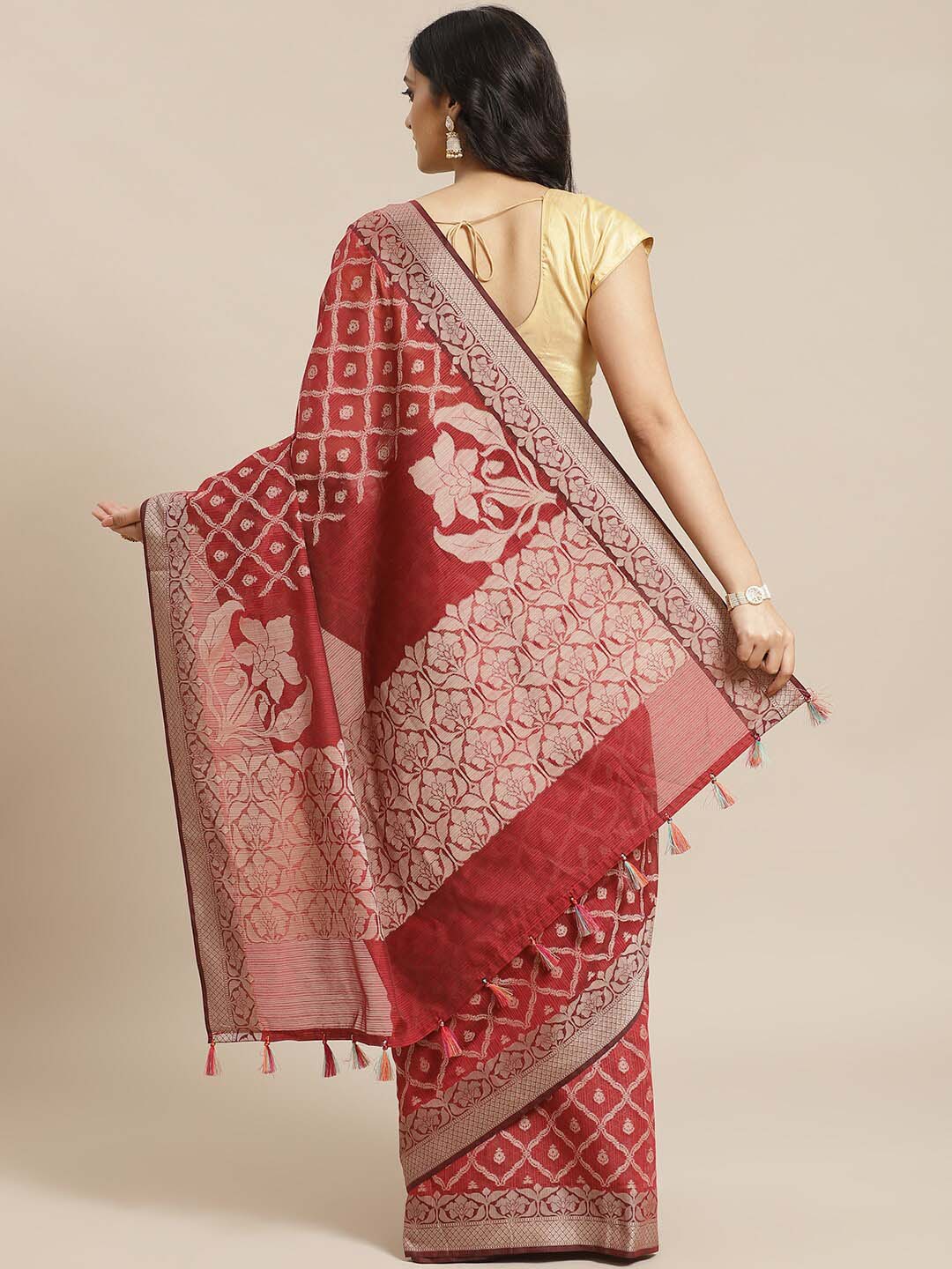 Indethnic Banarasi Maroon Woven Design Work Wear Saree - View 3