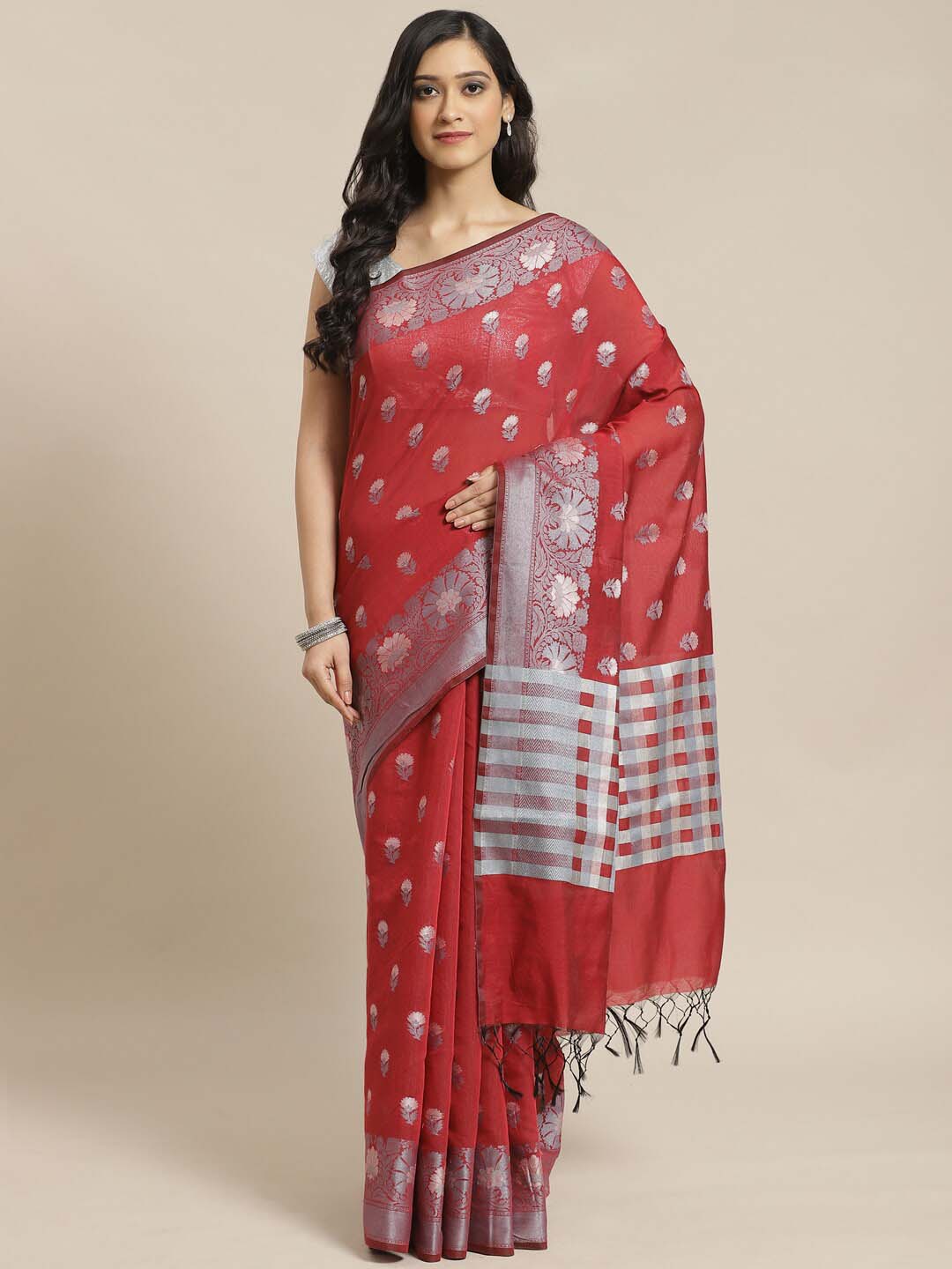 Indethnic Banarasi Maroon Checked Work Wear Saree - View 1