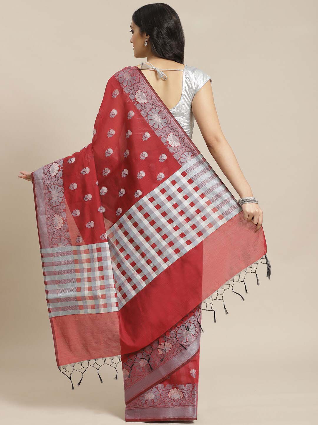 Indethnic Banarasi Maroon Checked Work Wear Saree - View 3