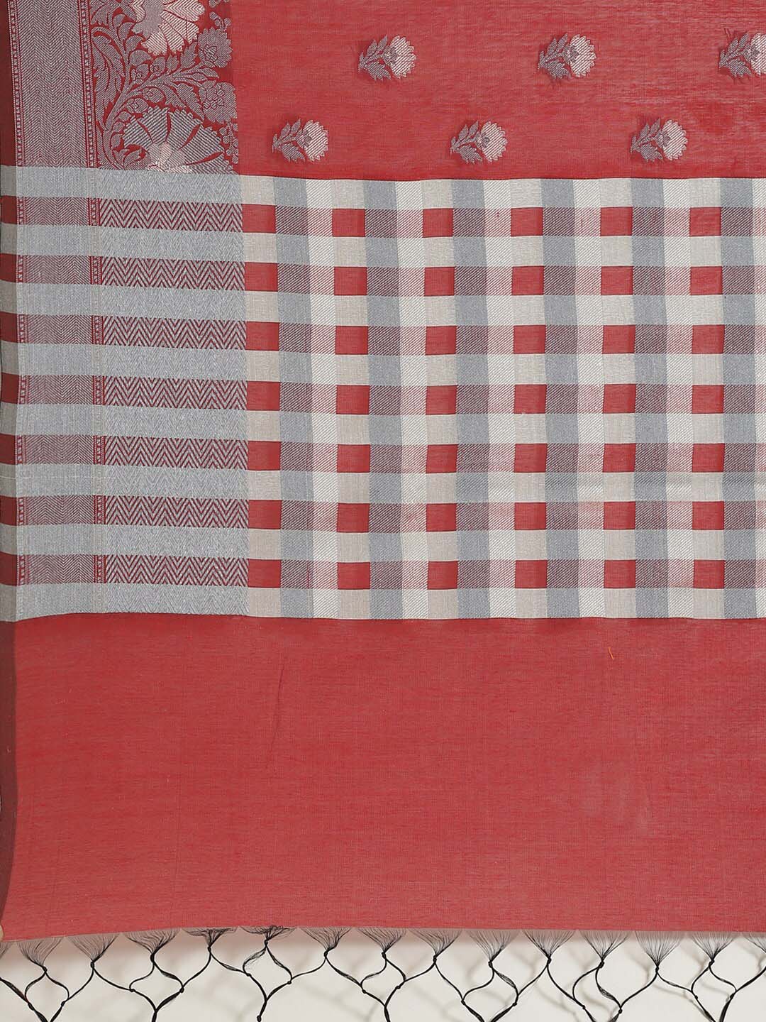 Indethnic Banarasi Maroon Checked Work Wear Saree - Saree Detail View