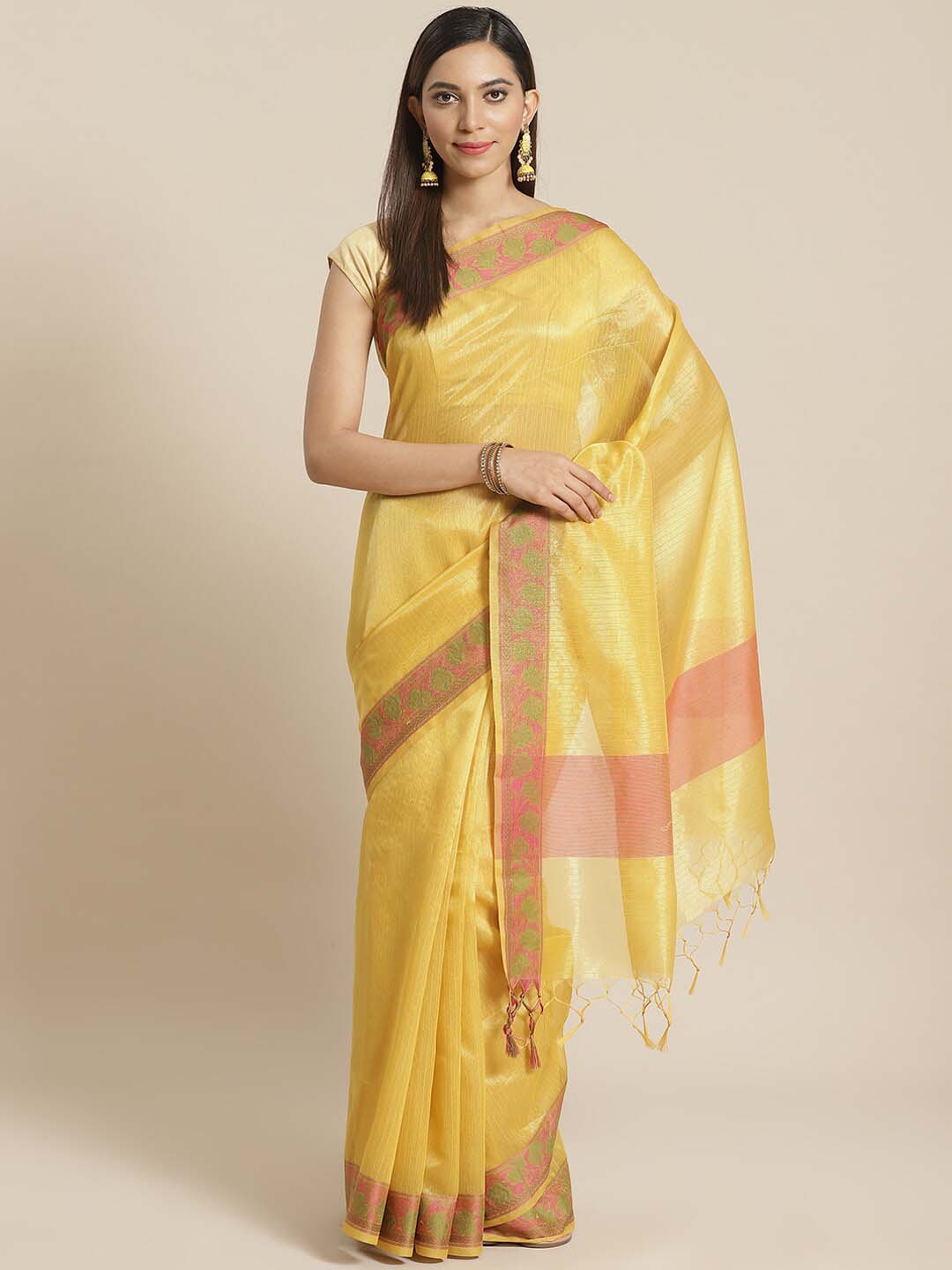 Indethnic Banarasi Mustard Woven Design Work Wear Saree - View 1