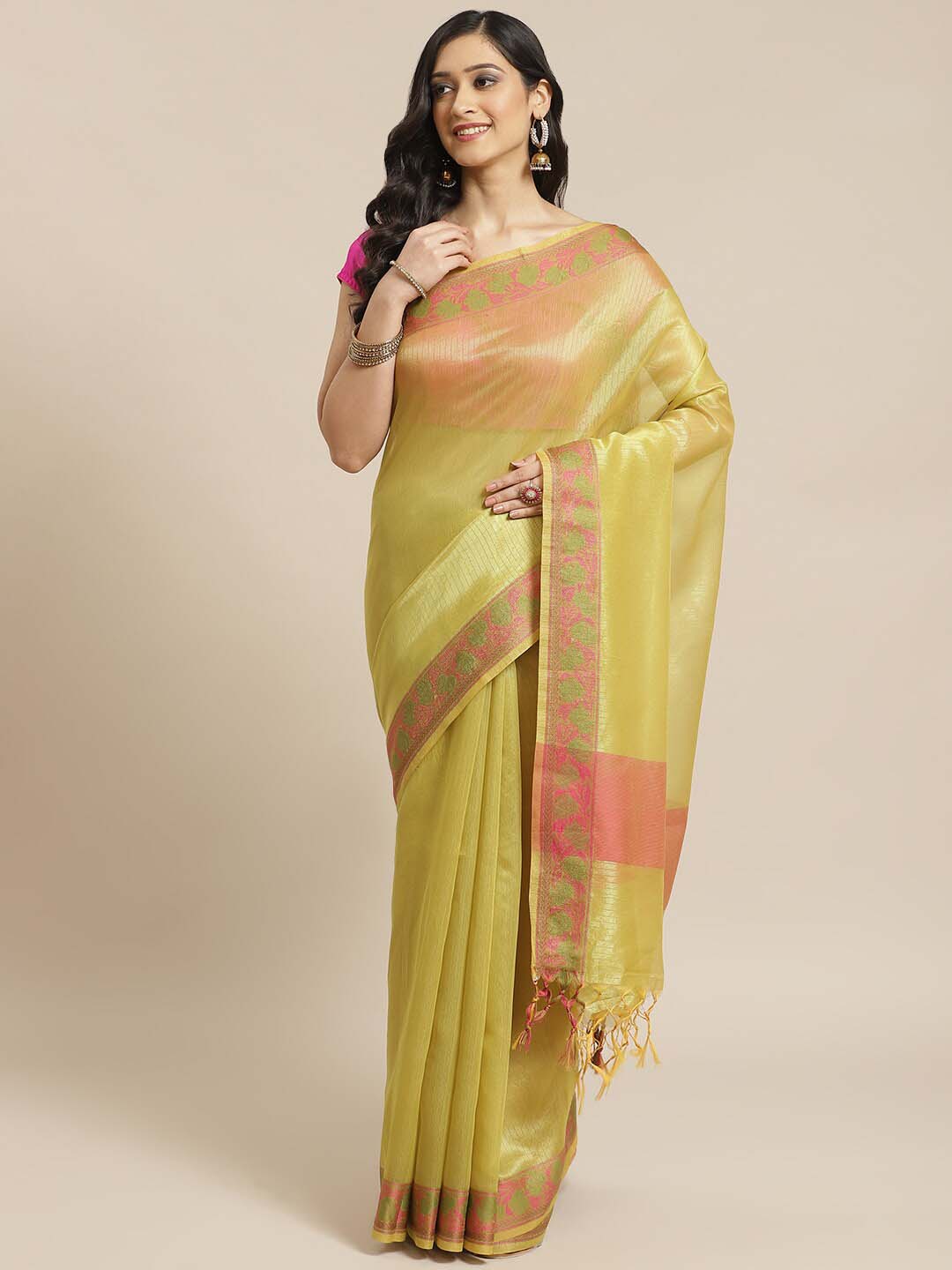 Indethnic Banarasi Olive Woven Design Work Wear Saree - View 1