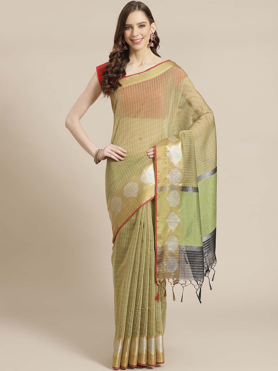 Indethnic Banarasi Olive Checked Work Wear Saree - View 1