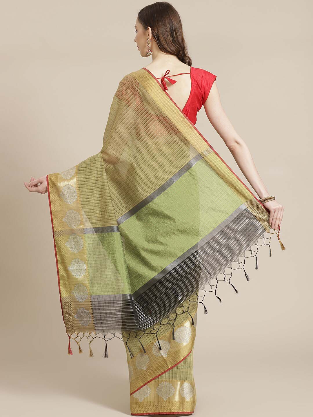 Indethnic Banarasi Olive Checked Work Wear Saree - View 2