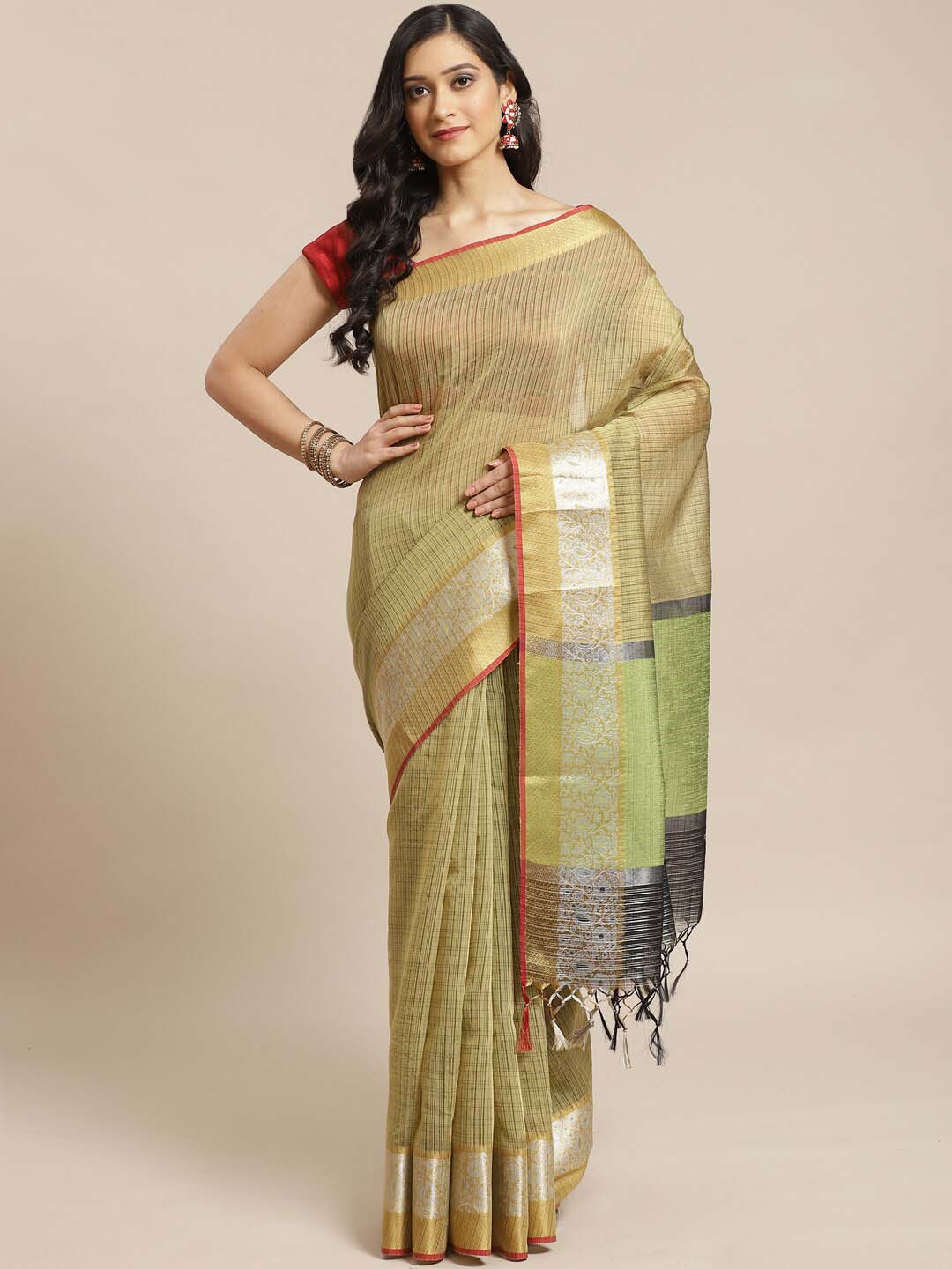 Indethnic Banarasi Olive Woven Design Work Wear Saree - View 1