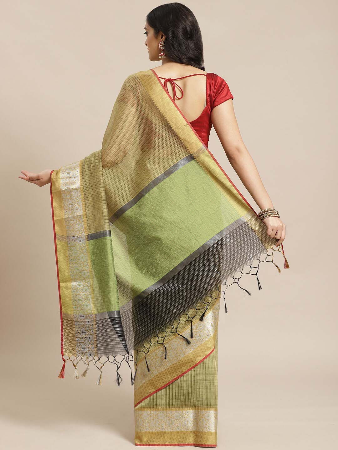 Indethnic Banarasi Olive Woven Design Work Wear Saree - View 3