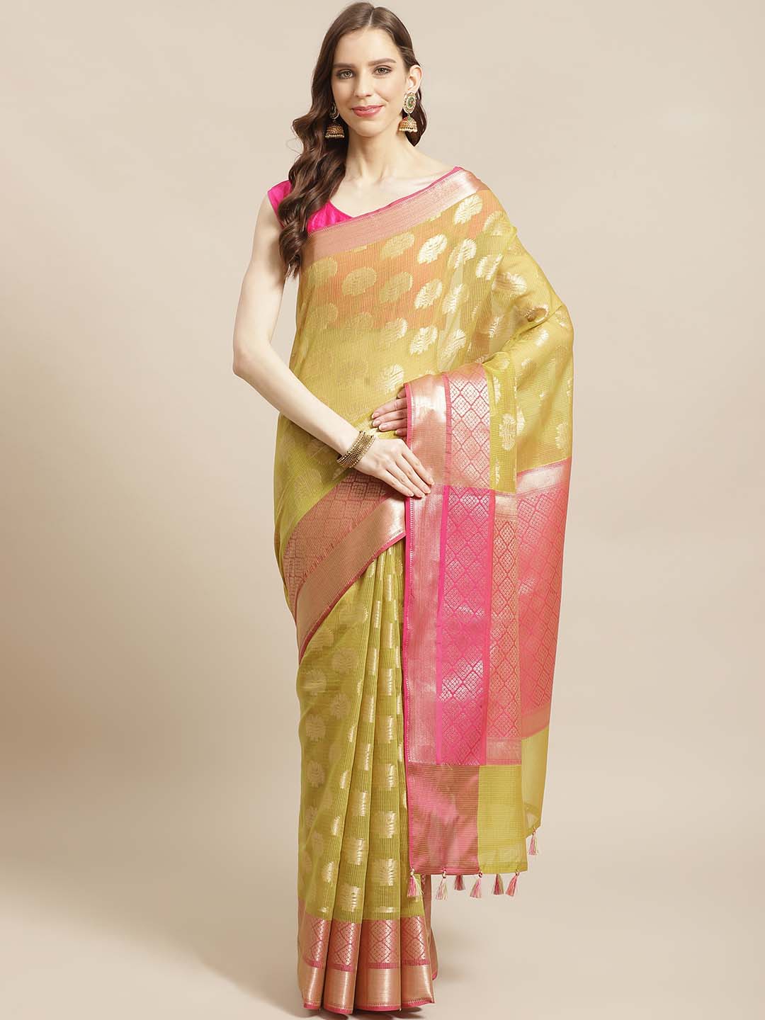 Indethnic Banarasi Olive Woven Design Daily Wear Saree - View 1