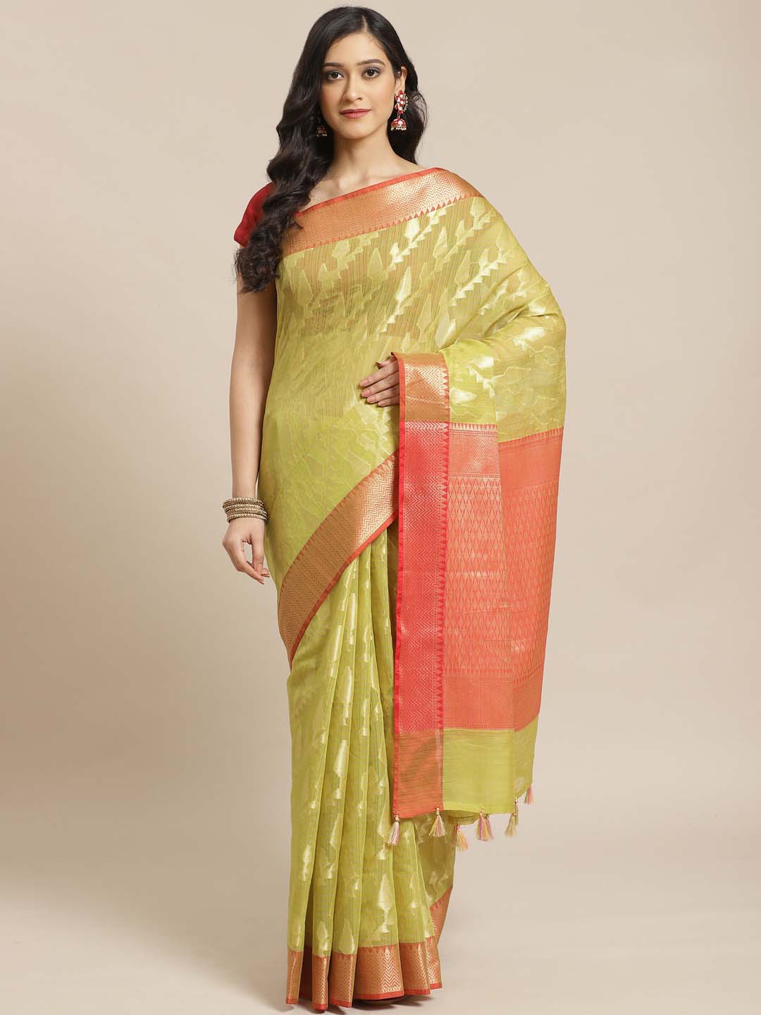 Indethnic Banarasi Olive Woven Design Festive Wear Saree - View 1