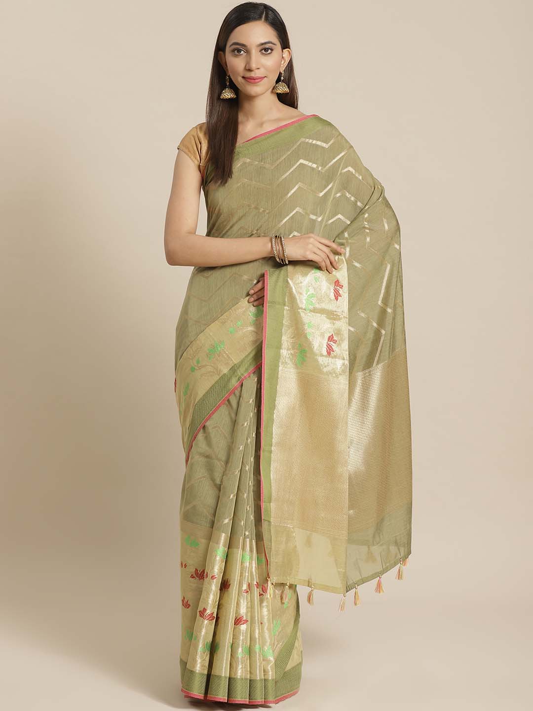 Indethnic Banarasi Olive Woven Design Party Wear Saree - View 1