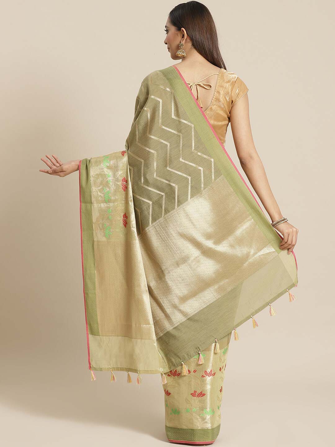 Indethnic Banarasi Olive Woven Design Party Wear Saree - View 2