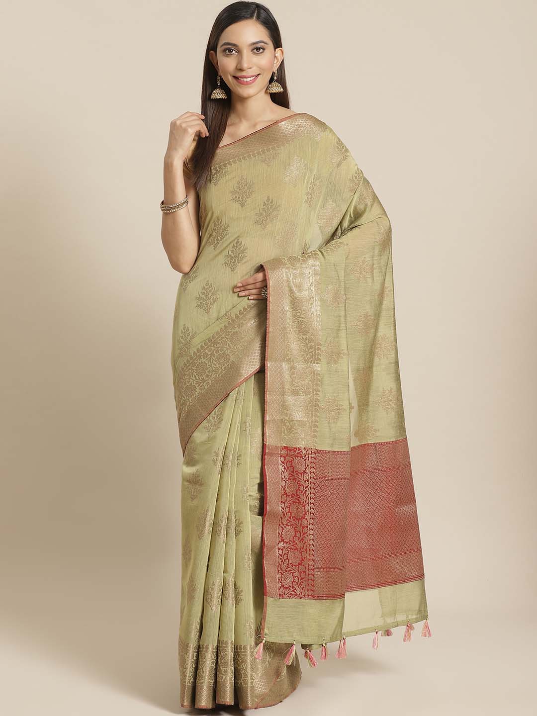 Indethnic Banarasi Olive Woven Design Party Wear Saree - View 1