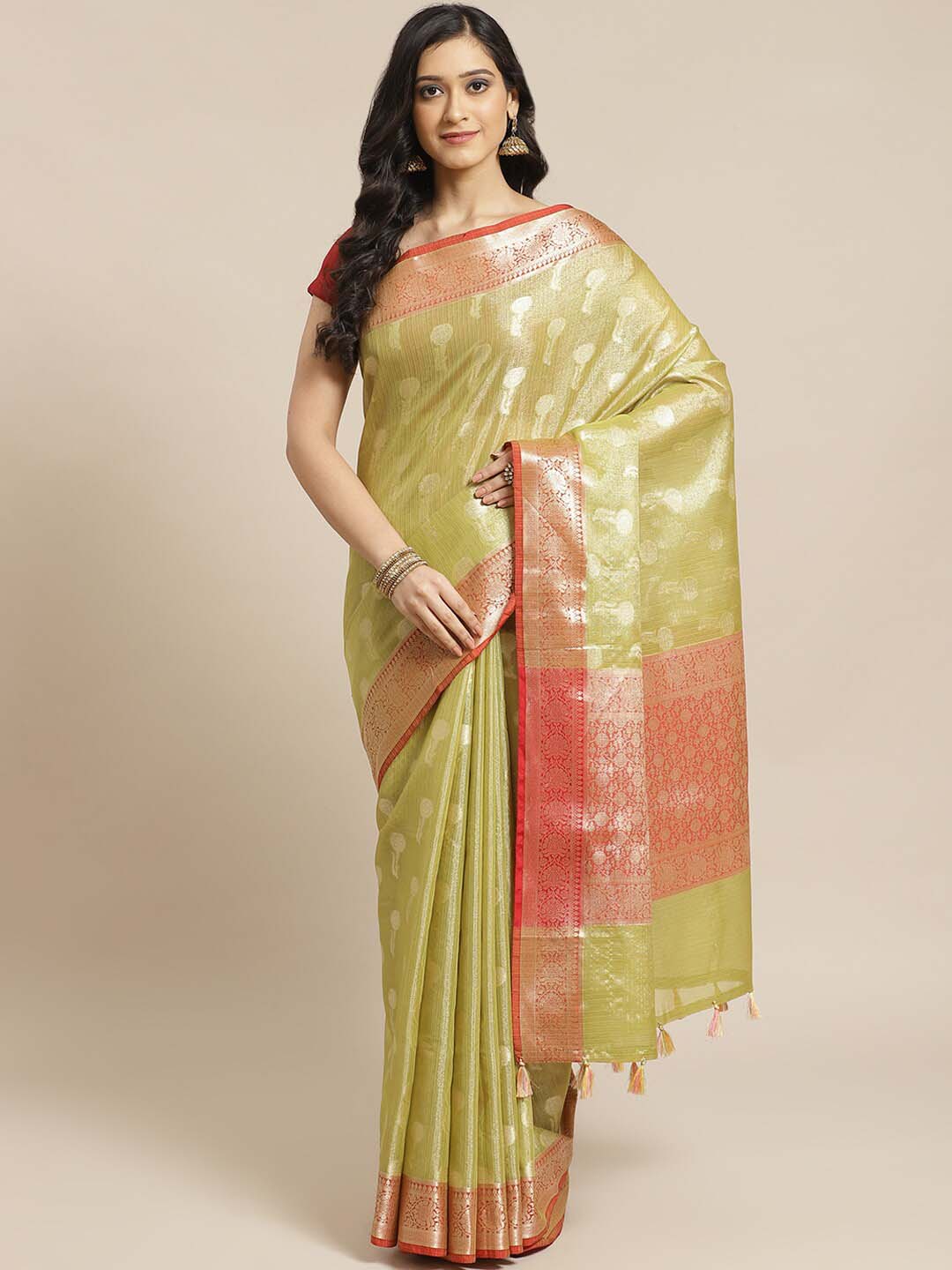 Indethnic Banarasi Olive Woven Design Festive Wear Saree - View 1