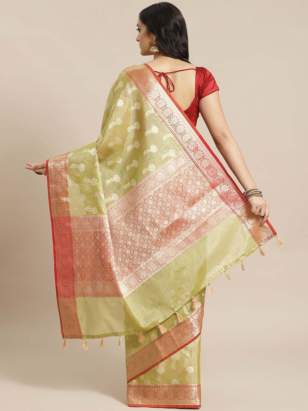 Indethnic Banarasi Olive Woven Design Festive Wear Saree - View 3