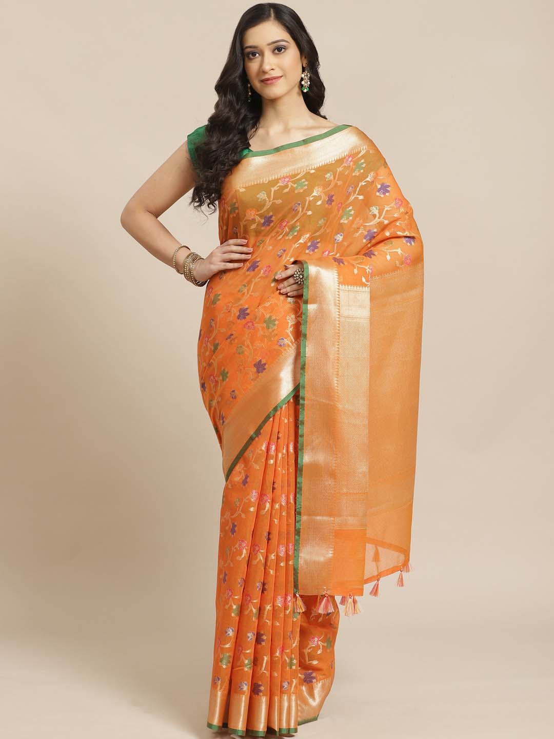 Indethnic Banarasi Orange Woven Design Daily Wear Saree - View 1