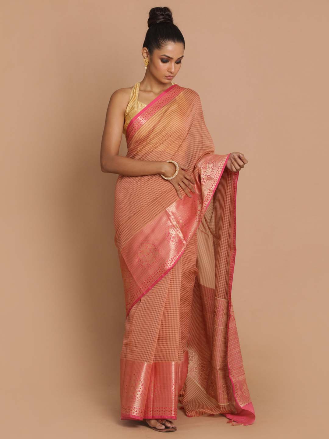 Indethnic Banarasi Peach Checked Daily Wear Saree - View 1