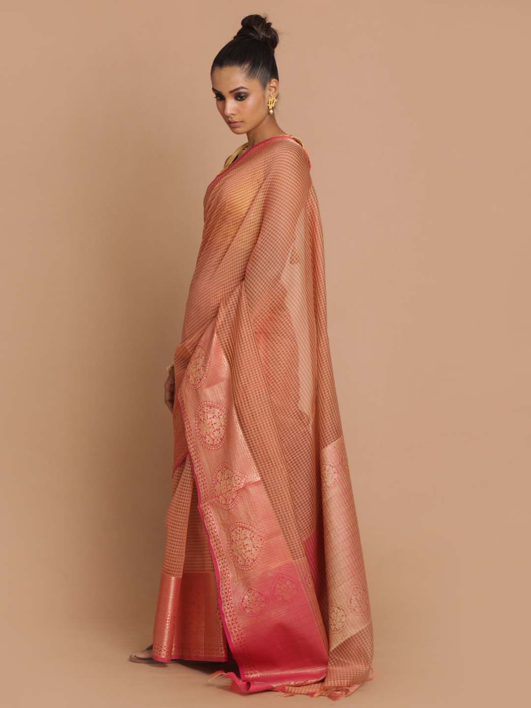 Indethnic Banarasi Peach Checked Daily Wear Saree - View 2