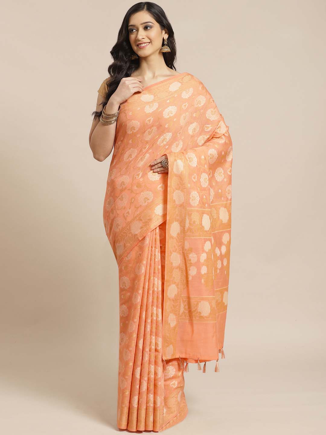 Indethnic Banarasi Peach Woven Design Work Wear Saree - View 1