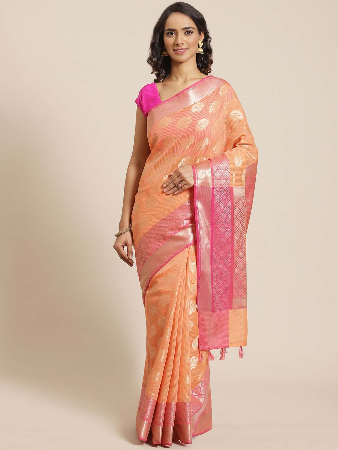 Indethnic Banarasi Peach Woven Design Daily Wear Saree - View 1