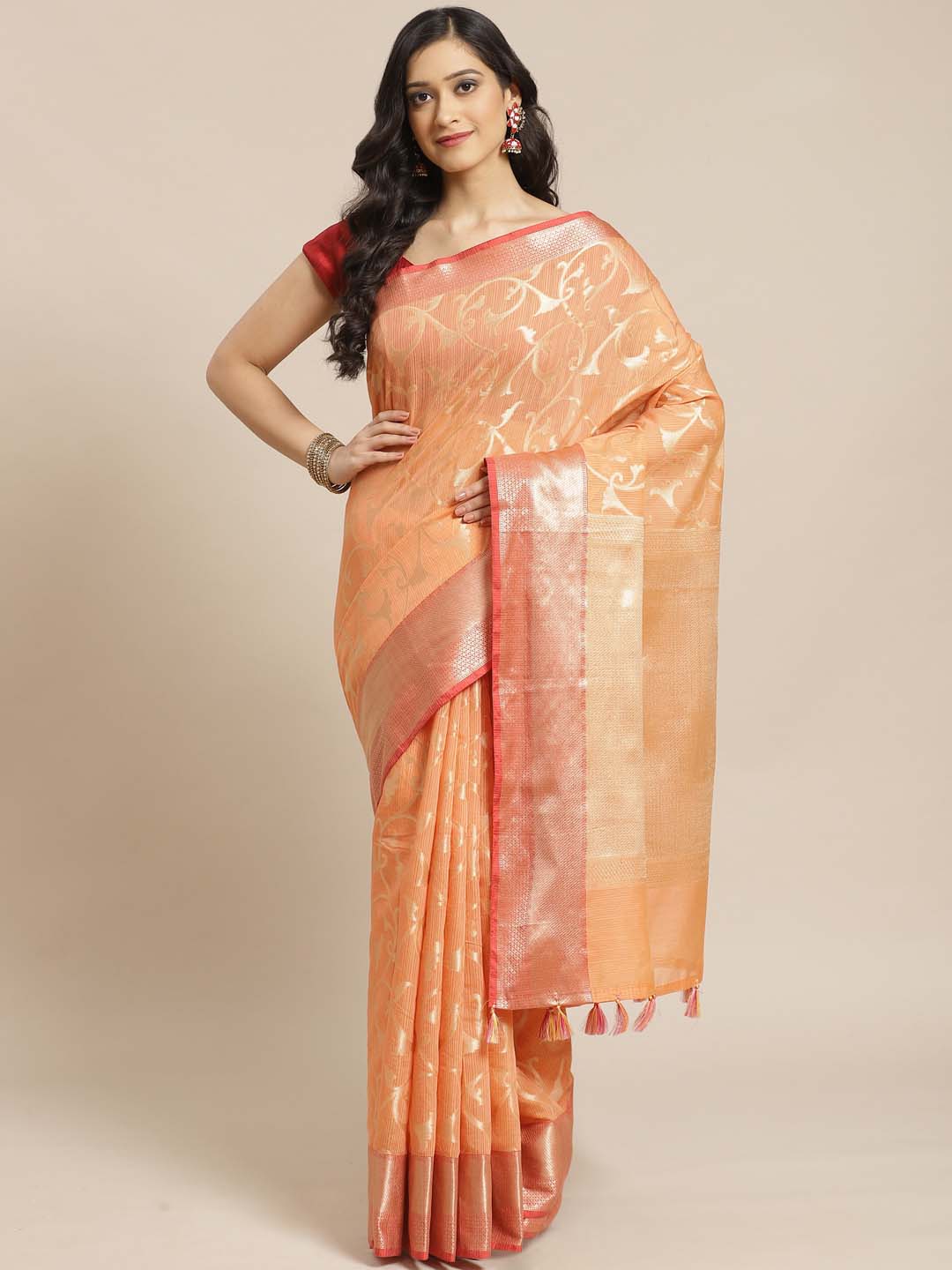 Indethnic Banarasi Peach Woven Design Festive Wear Saree - View 1