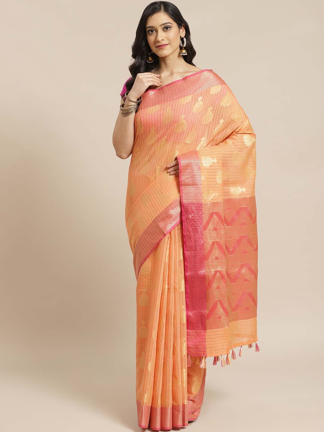 Indethnic Banarasi Peach Woven Design Festive Wear Saree - View 1