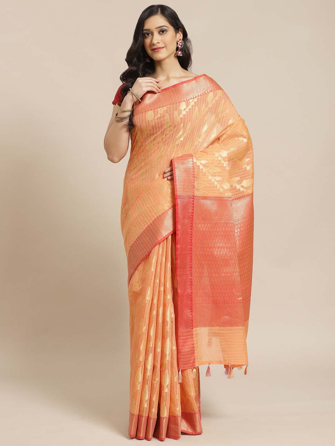 Indethnic Banarasi Peach Woven Design Festive Wear Saree - View 1